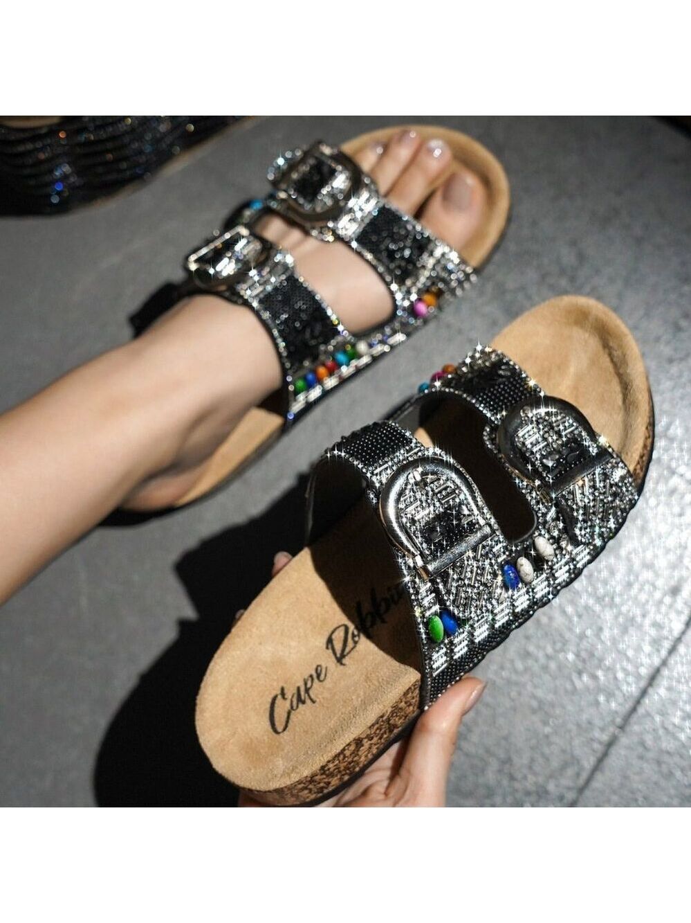 Zany Double Buckle Strap Rhinestone Beaded Slip on Mule Sandals